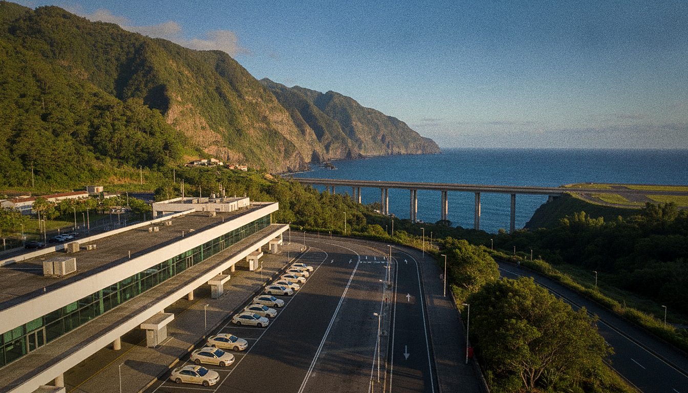 Taxistand vor der Ankunftshalle des Flughafens Madeira