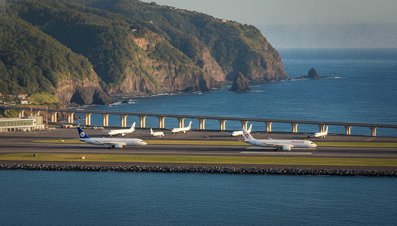 Vorfeld des Flughafens Madeira mit parkenden Flugzeugen und Meerblick